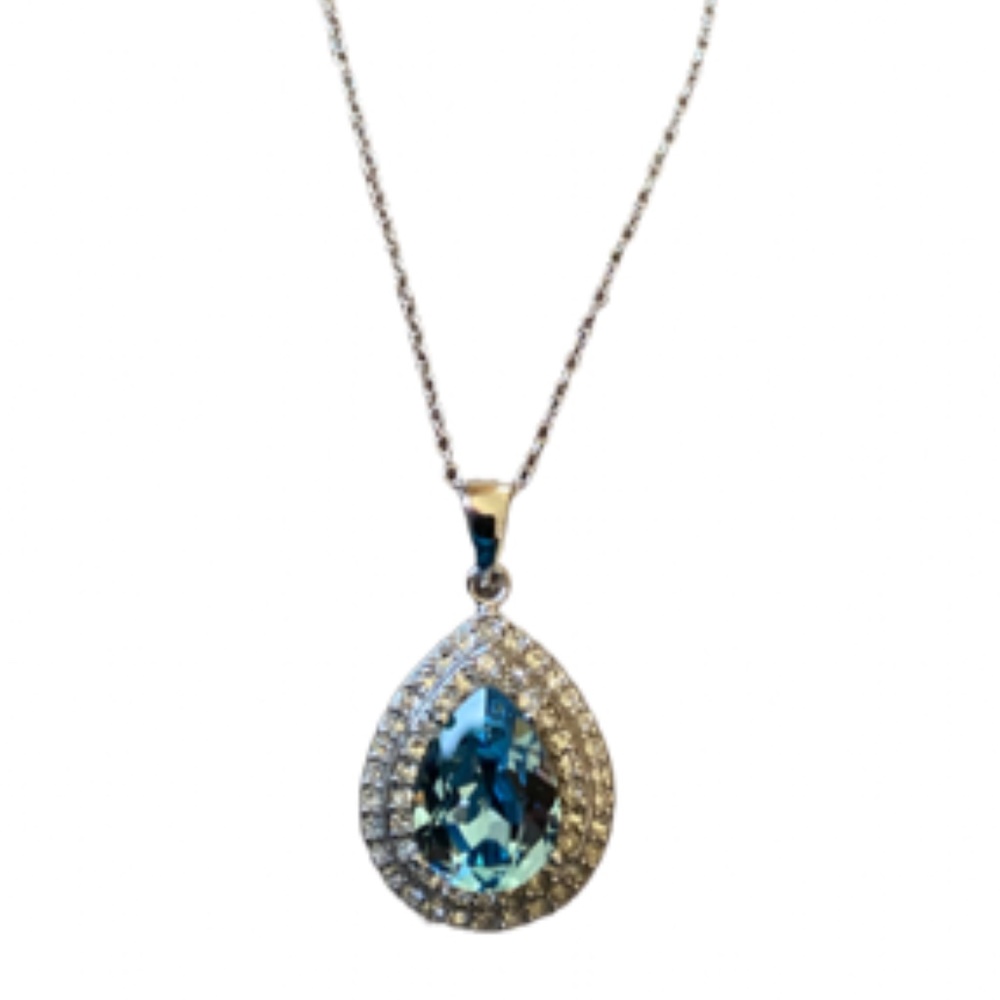 Sterling Silver Aquamarine Gemstone Necklace With Crystal Accents